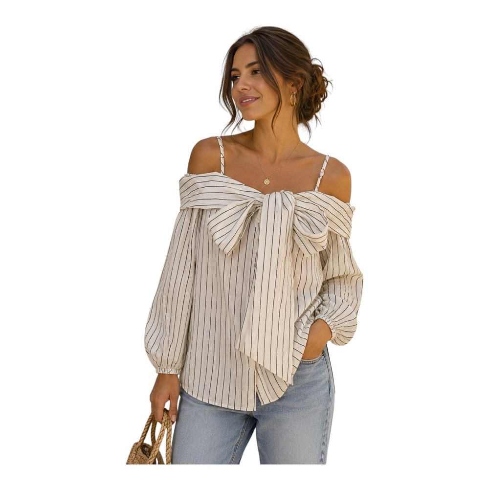 White Black Ticking Strip Off Shoulder Strapy Top Big Bow Long Balloon Sleeve L